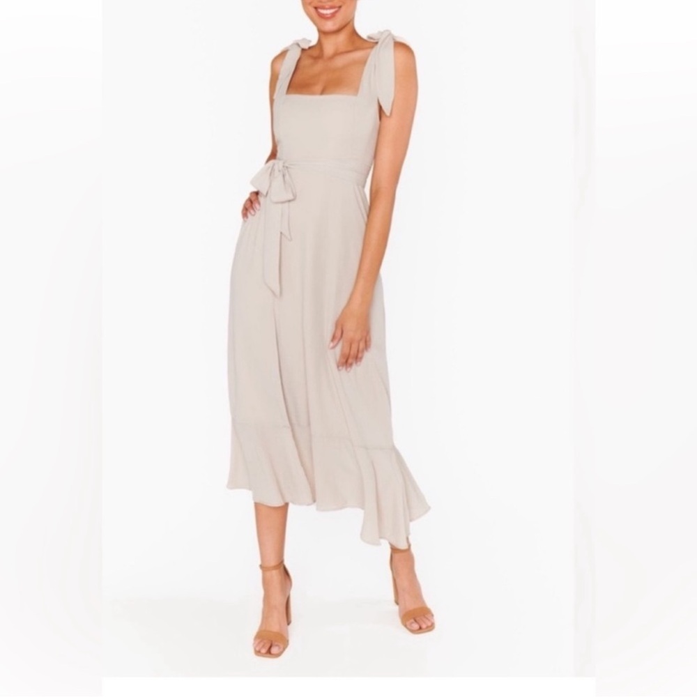 Show Me Your Mumu Claire Midi Dress Show Me The Ring Crisp Chiffon Nude Dress